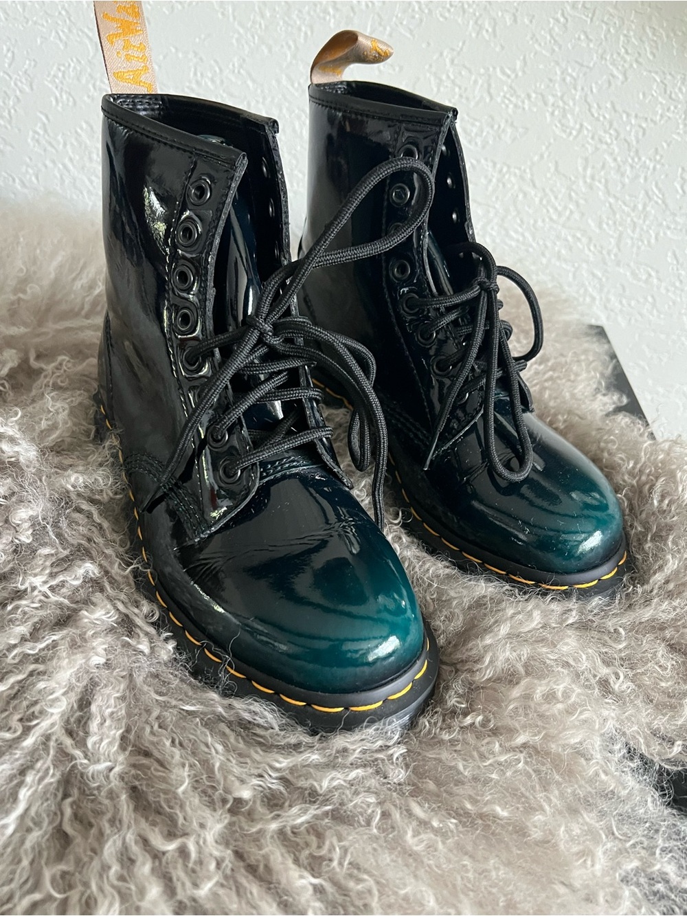 Dr. Martens Black Patent Leather Lace-Up Boots with Teal Ombre Toe